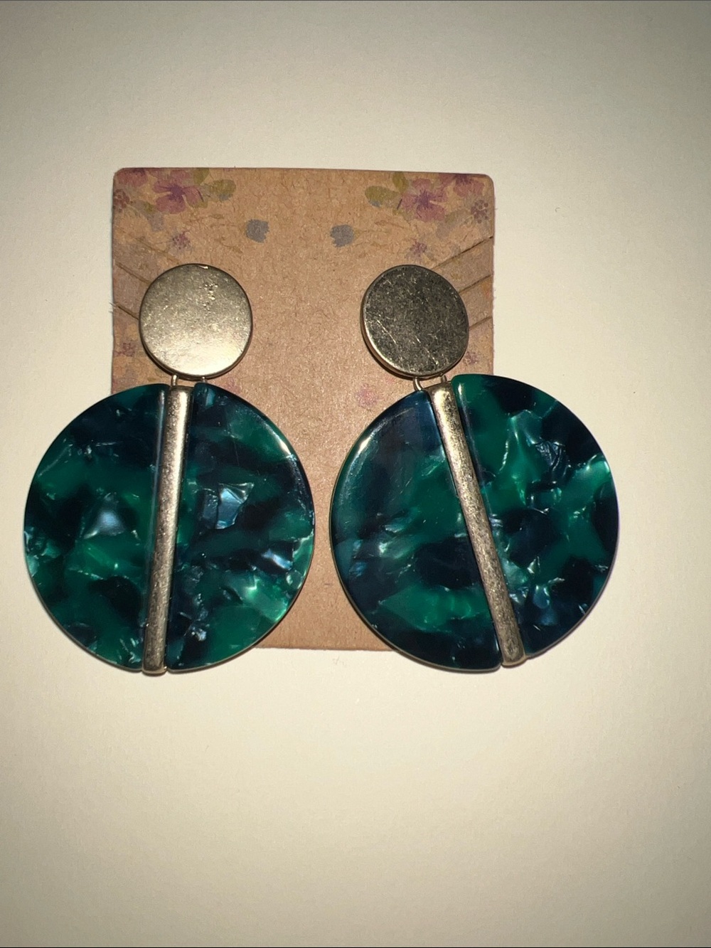 Source Unknown Teal and Navy Marbled Disc Drop Earrings with Gold-Tone Accents